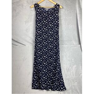 Vintage Navy Floral Maxi Dress Sleeveless Soft A-Line Cottagecore Boho Baddie